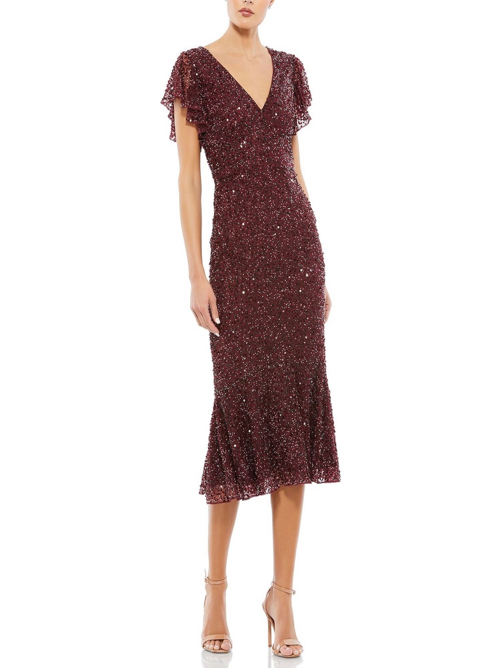 NWT Mac Duggal Burgundy Sequin Cocktail Dress with Flutter Sleeves Size 2